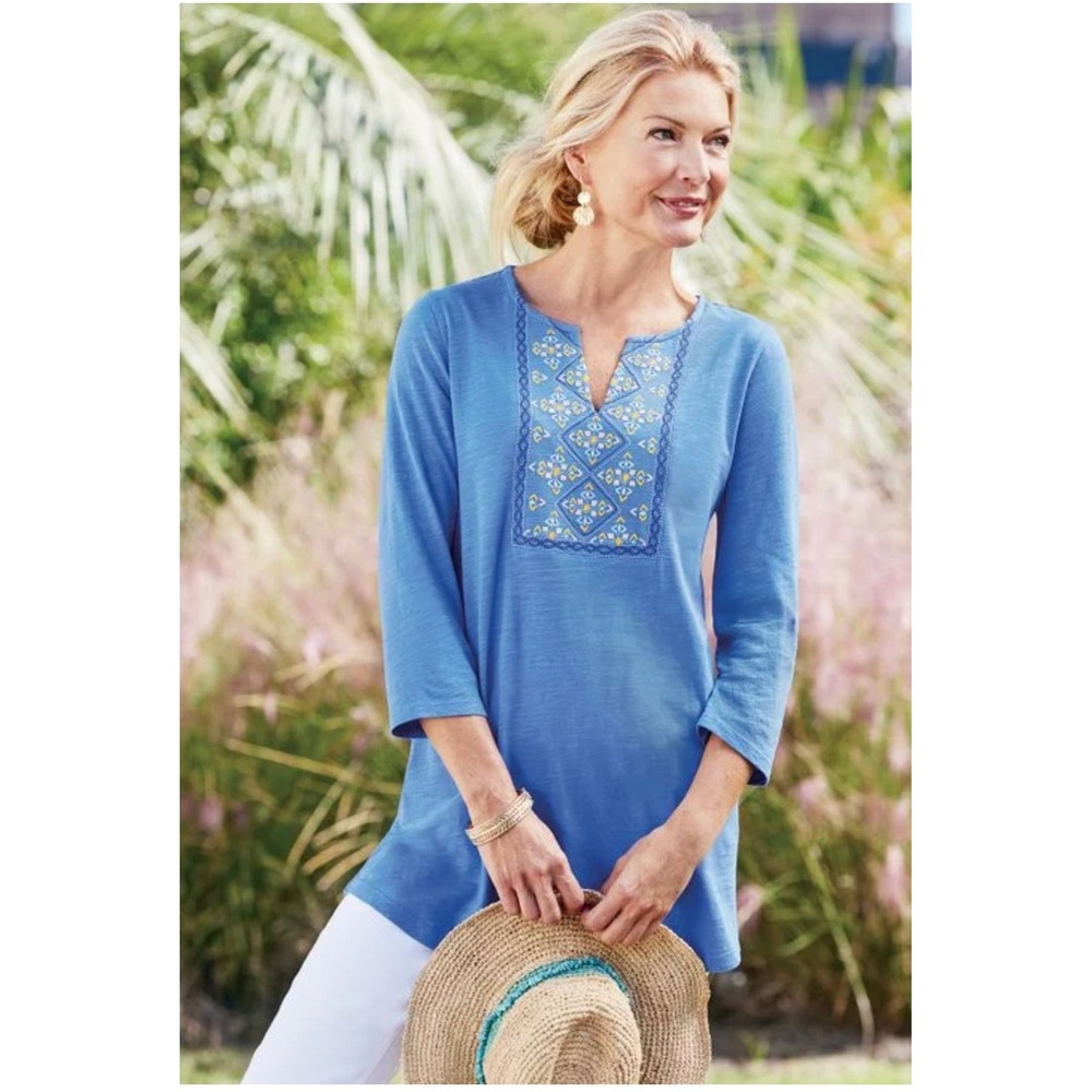 Soft Surroundings Blue Embroidered Tunic Top Boho 3/4 Sleeve‎ Relaxed Women's L